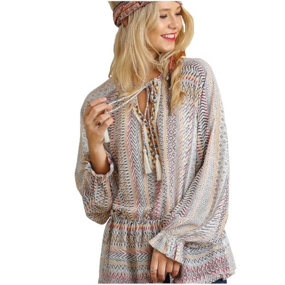 Umgee Tops - UMGEE Women Bohemian Embroidery Tassel Boho Long Bishop Sleeve Top Medium